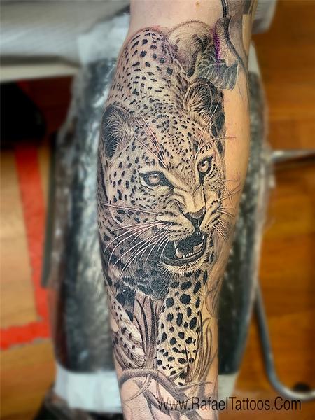 Black and Grey Leopard Portrait Tattoo  Tattoo Design Thumbnail